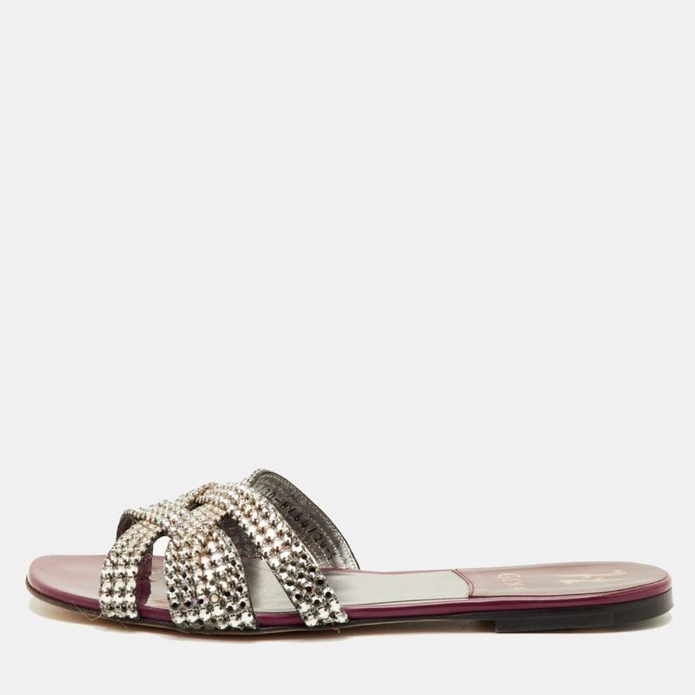 Gina Orion Size 38 Burgundy Leather Crystal Embellished Flat Slide Sandals
